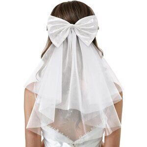 🆕 Women White Hair Bow Veil Bow Clip Bachelorette Decorations Pearl Accessories